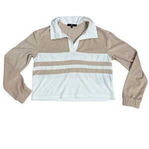 NWOT 7 For All Mankind Women’s Cropped Terry Polo Pullover Striped Tan White XS